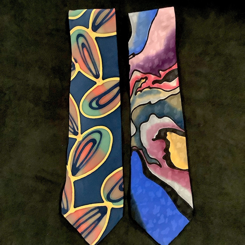 Robert Daskal lot of 2 vintage neckties hand painted silk